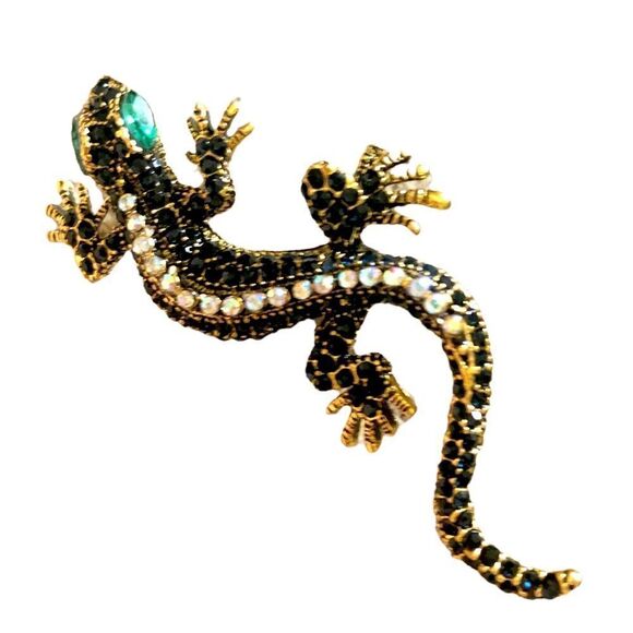 💎250💎 SPECTACULAR BLACK BLUE GREEN CHAMELEON LIZARD CRYSTAL BROOCH PIN PENDANT - Picture 3 of 16